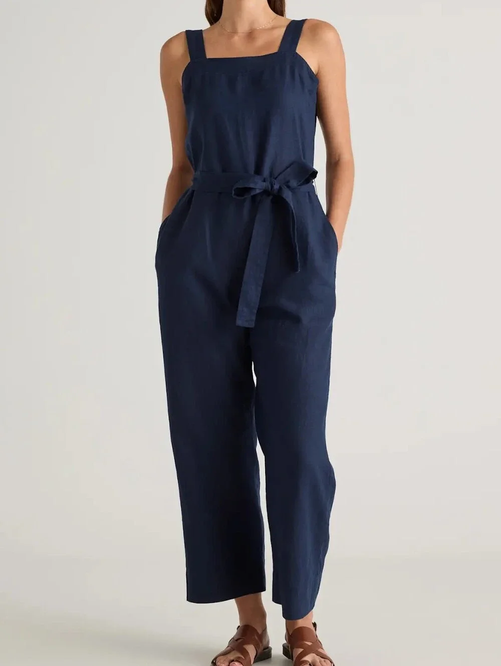 Quince Navy Square-Neck Linen-Blend Jumpsuit with Tie Waist Medium